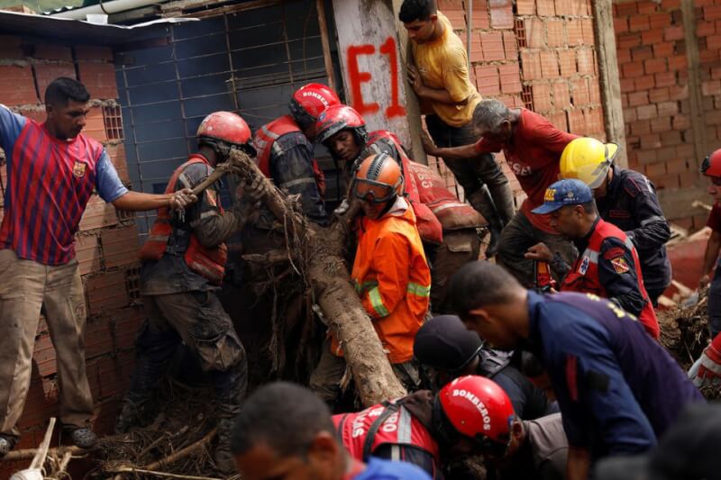 委內瑞拉8日下起罕見暴雨，已證實有36人罹難，另有56人失聯。圖為搜救人員移除倒塌樹木。（路透社）