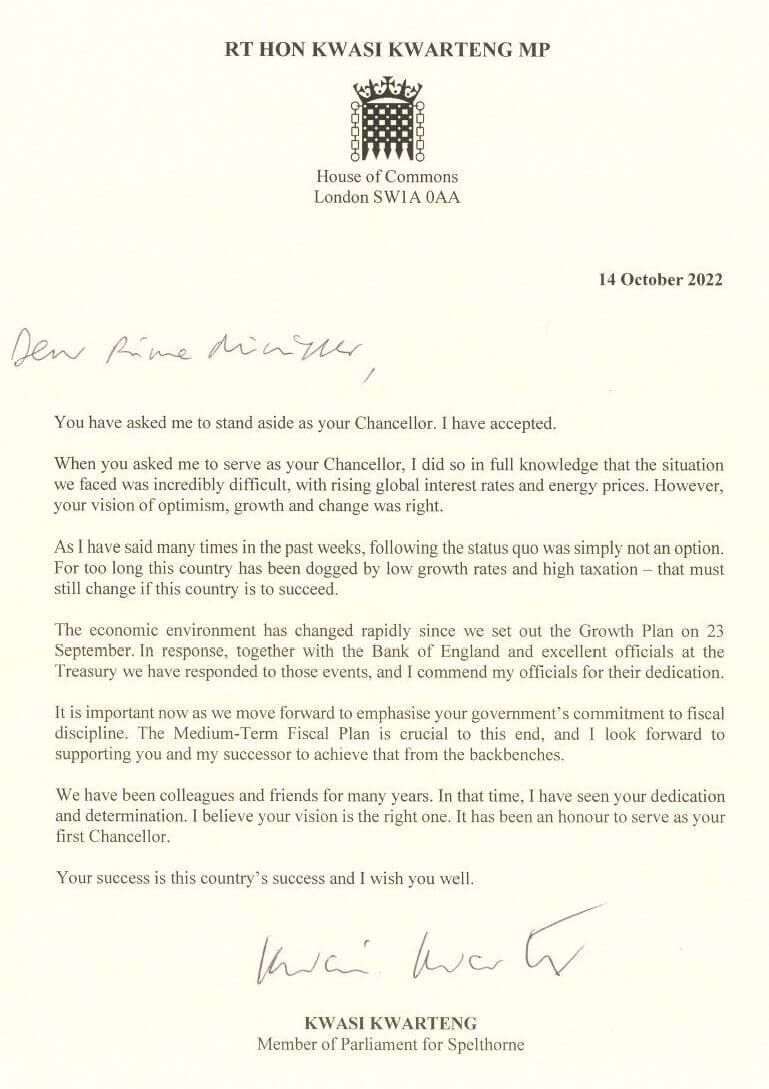 英國財政大臣夸騰在推特公布辭職信。（圖取自twitter.com/kwasikwarteng）