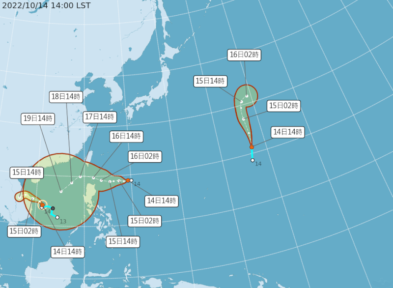 中央氣象局表示，15日起熱帶性低氣壓或颱風的外圍環流接近，屆時北部、東北部有局部大雨或豪雨。圖左起為輕颱桑卡、熱帶性低氣壓TD23、TD24。（圖取自中央氣象局網頁cwb.gov.tw）