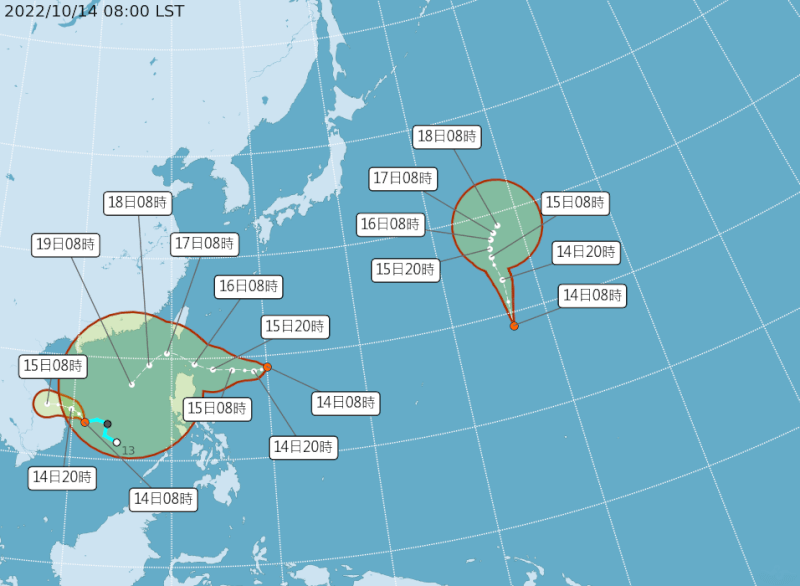 目前太平洋共有3個熱帶性低氣壓，中央氣象局預計TD22（左）14日增強為颱風桑卡，位於菲律賓東方海面的TD23（中）對台灣影響比較大，15日有可能成颱。（圖取自中央氣象局網頁cwb.gov.tw）