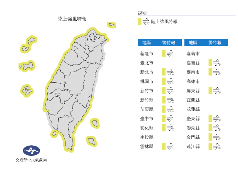 中央氣象局19日清晨發布16縣市沿海空曠地區陸上強風特報。（圖取自中央氣象局網頁cwb.gov.tw）