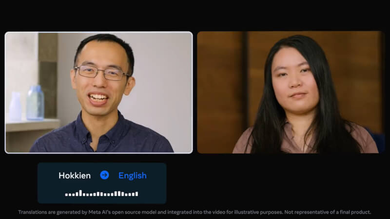 圖為工程師陳鵬仁（左）示範Meta最新人工智慧支援的台語英語即時互譯系統。（圖取自twitter.com/MetaAI）