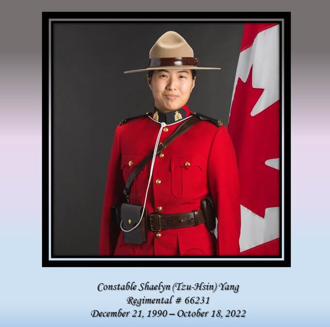 台裔加拿大女警楊子信（圖）在執行公務時被刺傷死亡。（圖取自twitter.com/BCRCMP）