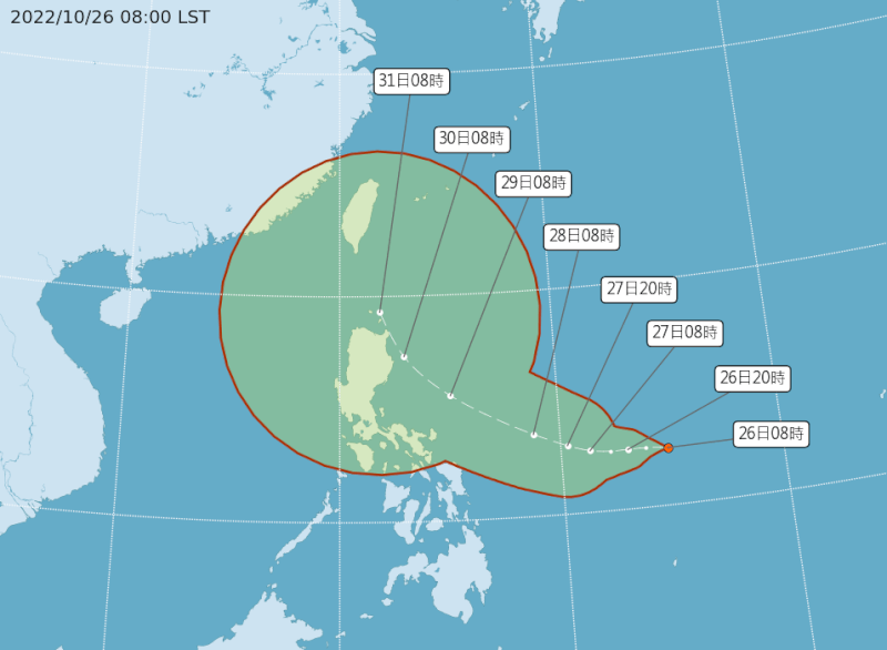 氣象局26日發布熱帶性低氣壓生成訊息，目前位於菲律賓東方海面，估最快27日發展成今年第22號颱風奈格。（圖取自中央氣象局網頁cwb.gov.tw）
