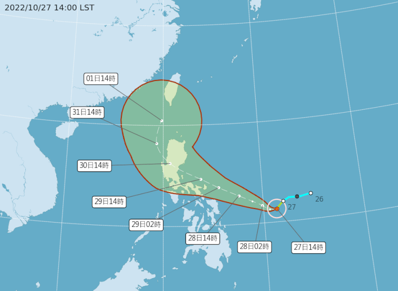 氣象局表示，輕颱奈格估30、31日通過呂宋島到南海後北轉，不排除發布海上警報。（圖取自氣象局網頁cwb.gov.tw）