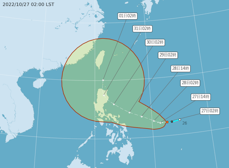 氣象局表示，今年第22號颱風奈格最快27日形成，最接近台灣的時間點是10月30日至11月1日。（圖取自中央氣象局網頁cwb.gov.tw）