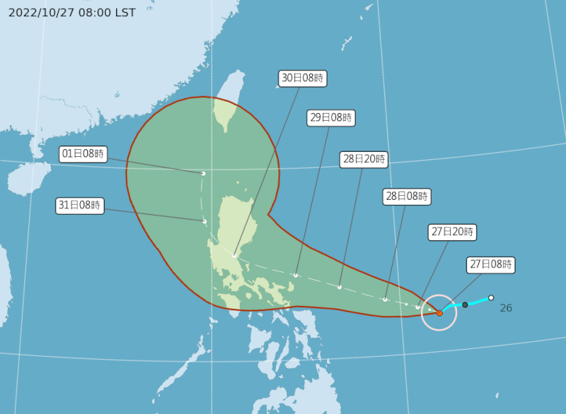 氣象局27日發布輕颱奈格生成訊息，預估將在呂宋島一帶北轉，但資料顯示方向可能更往台灣靠近；降雨以北部、東半部為主。（圖取自中央氣象局網頁cwb.gov.tw）