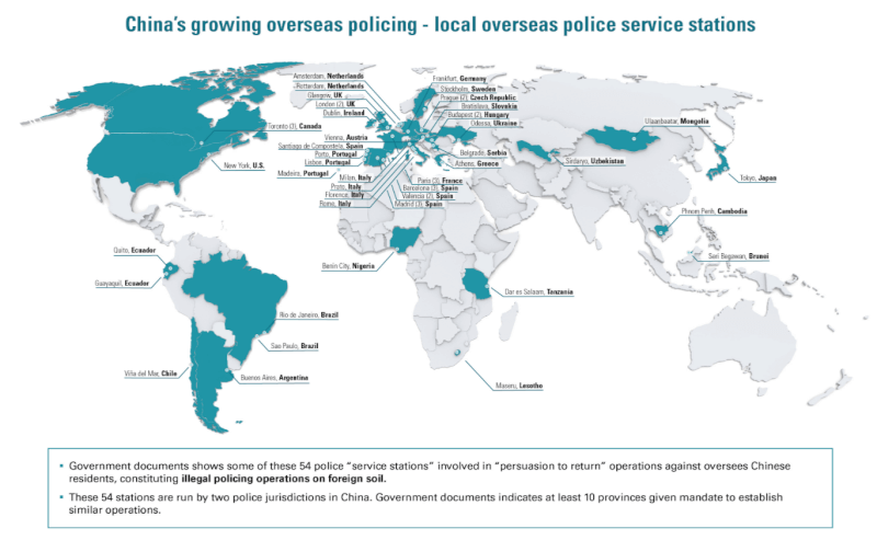 「保護衛士」報告報導，中國在5大洲30國設立54個「警僑海外服務站」。（圖取自保護衛士網頁safeguarddefenders.com）