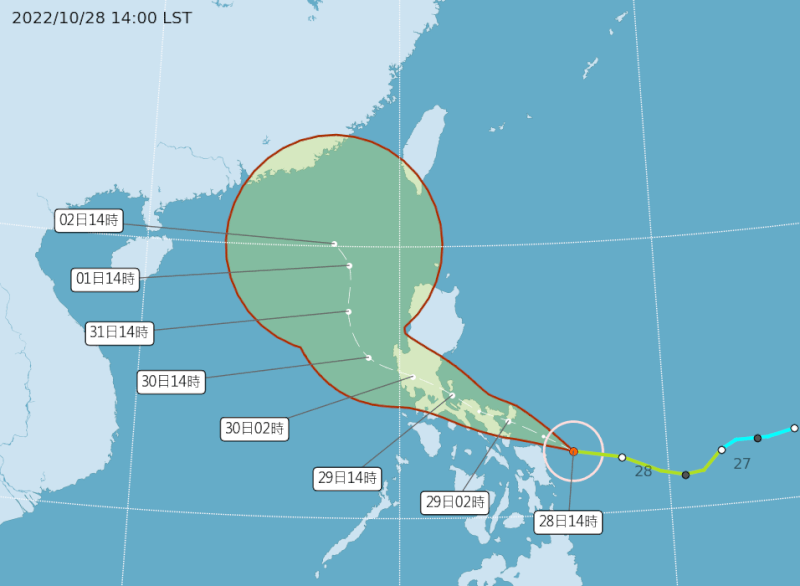 中央氣象局表示，颱風奈格最快在28日晚上到29日清晨會增強為中度颱風，不過最新路徑西修，發布海上颱風警報機率低。（圖取自中央氣象局網頁cwb.gov.tw）