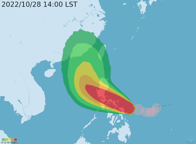 圖為颱風奈格暴風圈侵襲機率。（圖取自中央氣象局網頁cwb.gov.tw）