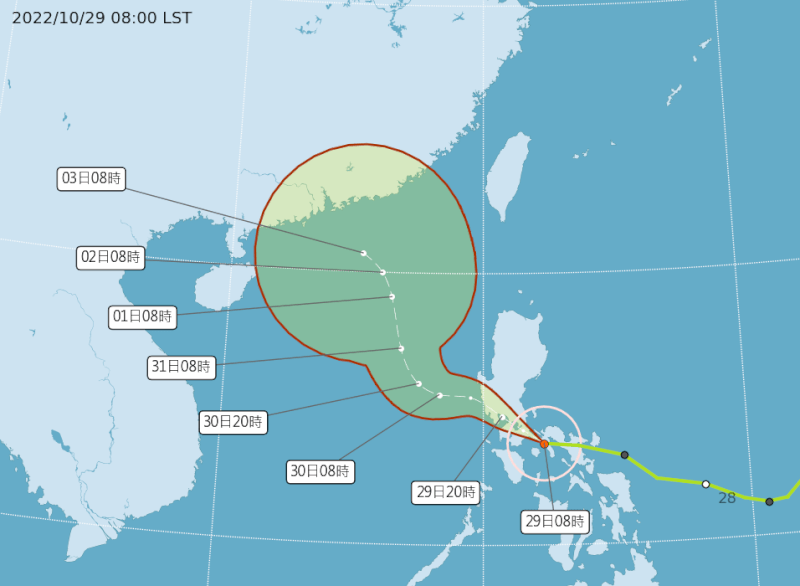 根據中央氣象局觀測，颱風奈格28日上午8時的中心位置在北緯 13.7 度，東經 122.3 度。（圖取自中央氣象局網頁cwb.gov.tw）