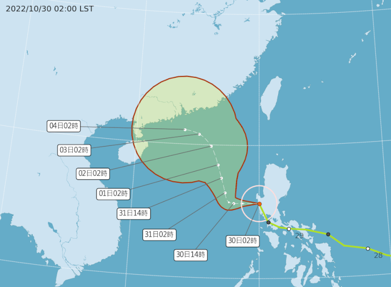 中央氣象局29日表示，颱風奈格路徑再度往西修正，台灣發布海警機率偏低。（圖取自氣象局網頁cwb.gov.tw）