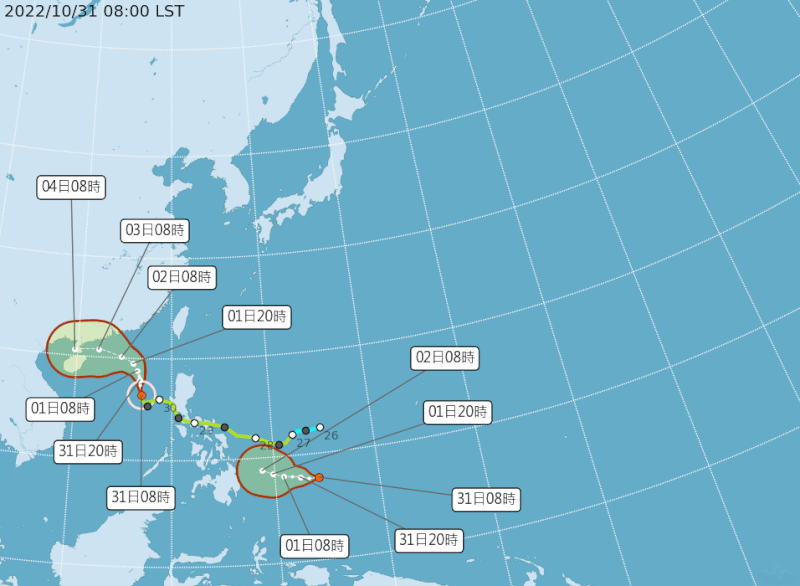 颱風榕樹（右）31日下午2時生成，中央氣象局預測將朝西向菲律賓南部群島一帶移動。圖為颱風路徑潛勢預報圖，左為颱風奈格。（圖取自氣象局網頁cwb.gov.tw）