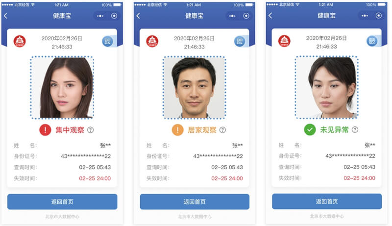 圖為「北京健康寶」軟體頁面顯示用戶健康狀態。（圖取自北京市東城區人民政府網頁www.bjdch.gov.cn）