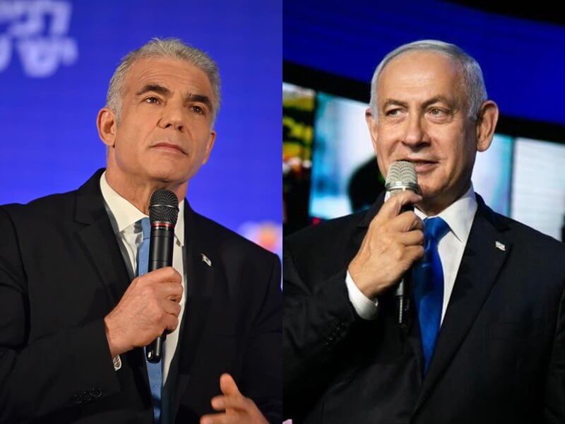 以色列國會選舉出口民調顯示，前總理尼坦雅胡（右）所屬的聯合黨位居領先，但看守總理拉皮德（左）尚未承認敗選。（左圖取自facebook.com/YairLapid、右圖取自facebook.com/Netanyahu）