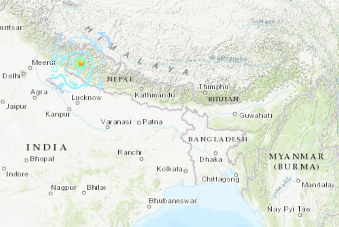 尼泊爾9日發生規模6.6的強震，已造成至少6人死亡。（圖取自美國地質調查所網頁earthquake.usgs.gov）