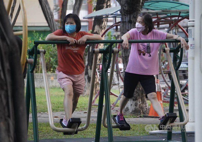 圖為11日民眾在高雄鳳山一處公園內戴著口罩使用體健設施。（中央社檔案照片）