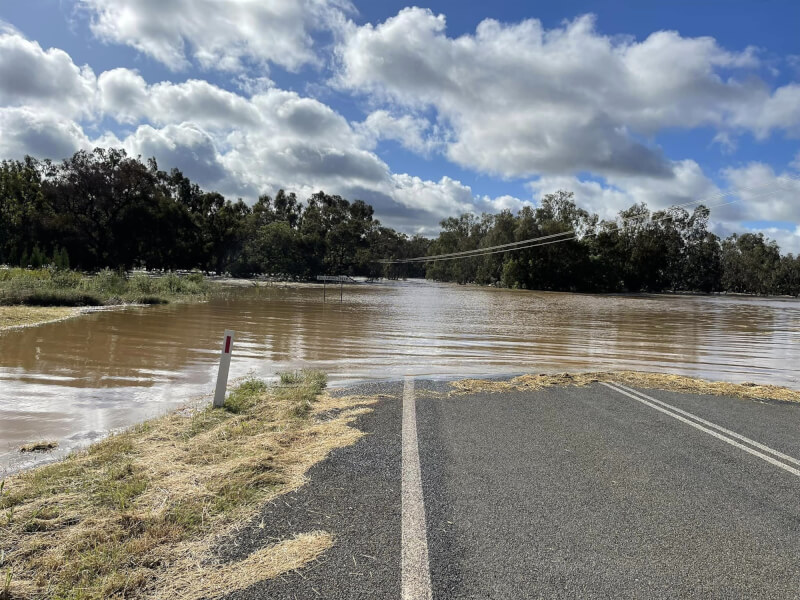 澳洲今年第4度洪水為患，新南威爾斯州鄉村地區多處道路、橋梁和農場都被淹沒在洪水之中。（圖取自twitter.com/NSWRFS）