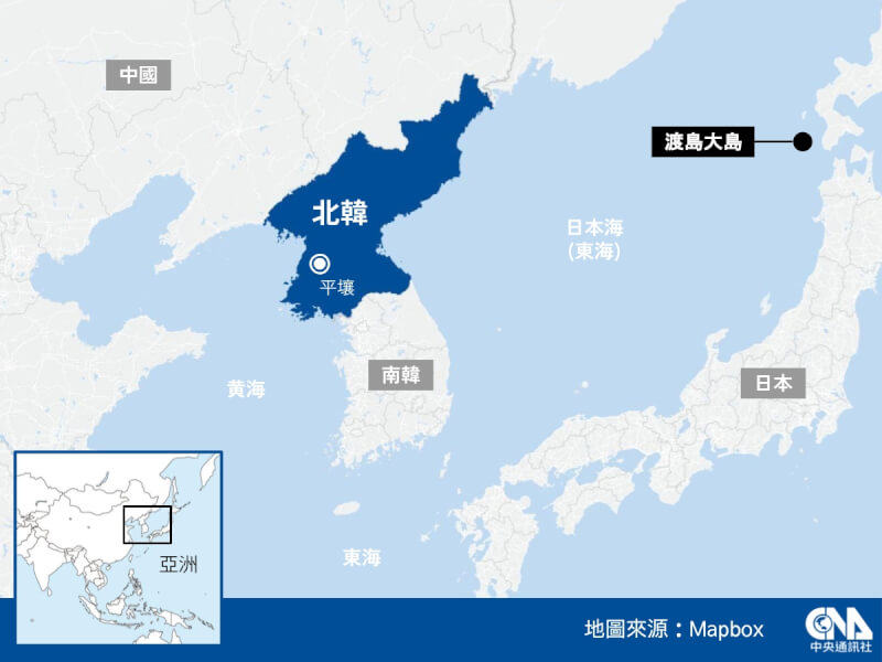 日本防衛省表示，北韓18日上午發射的彈道飛彈可能已落在北海道渡島大島外海，該地區是日本專屬經濟區。（中央社製圖）