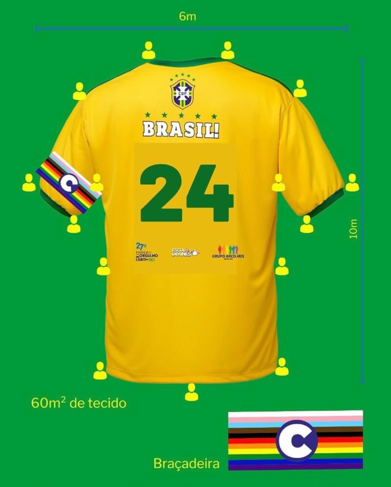 抗議卡達世足賽對LGBTQIA+人群的偏見，巴西國家隊的巨型球衣27日將於第27屆LGBTI+里約驕傲遊行期間展出。（圖取自facebook.com/CBF）