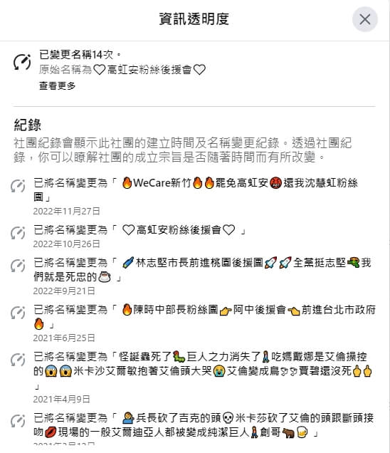 根據社團更名紀錄，此社團成立後至少更名14次。（圖取自WeCare新竹，罷免高虹安，還我沈慧虹臉書社團facebook.com）