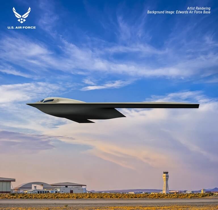 美國空軍2日將公開新型高科技匿蹤轟炸機B-21「突擊者」，能裝載核子與傳統武器，並且具備無人駕駛功能。圖為B-21「突擊者」模擬圖。（圖取自諾斯洛普格拉曼網頁northropgrumman.com）