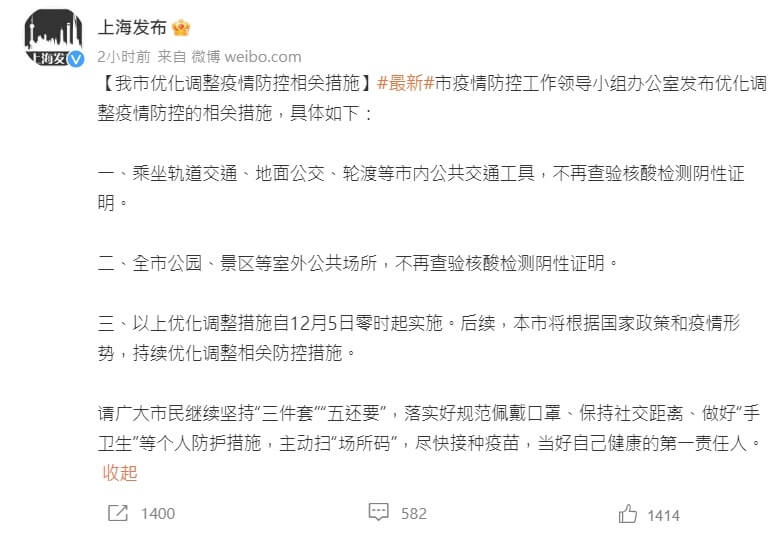 5日零時起，上海搭乘地鐵、公交等公共交通工具不再查驗核酸檢測證明；公園、景區等室外場所也不再要求出示。（圖取自上海發布微博weibo.com）
