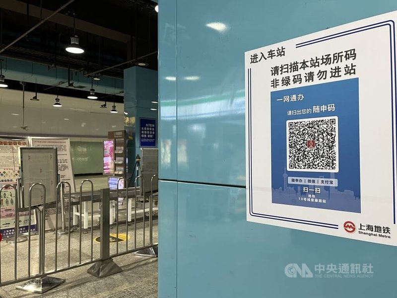 上海市疫情防控工作領導小組辦公室宣布12月5日零時起，旅客搭乘地鐵、公交等公共交通工具不再查驗核酸檢測證明；旅客進入地鐵站則仍必須掃場所碼、出示綠碼。圖為上海市地鐵站入口處所張貼的場所碼掃碼提醒。中央社記者李雅雯上海攝 111年12月5日