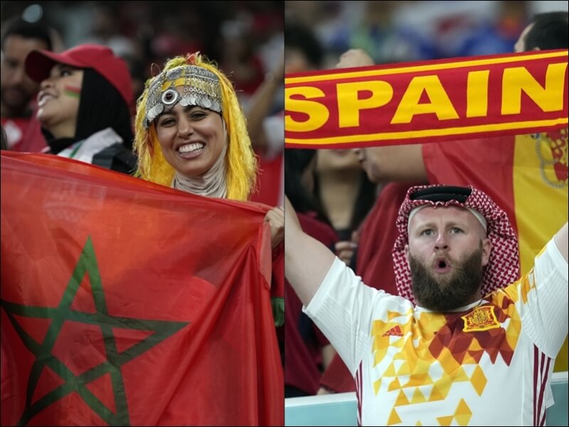 摩洛哥、西班牙6日將在2022卡達世界盃足球賽16強碰頭，屆時直布羅陀海峽兩岸數以百萬計球迷將聚集酒吧和客廳螢幕前。左右圖分別為小組賽時在場邊為摩洛哥、西班牙加油的球迷們。（美聯社）
