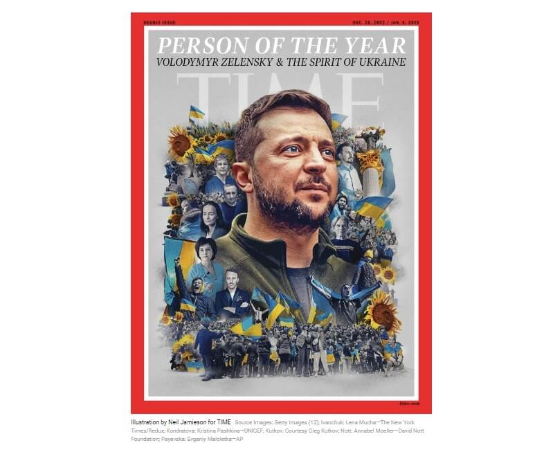 美國「時代」雜誌7日將烏克蘭總統澤倫斯基以及「烏克蘭精神」評選為2022年年度風雲人物。（圖取自時代雜誌網頁time.com）