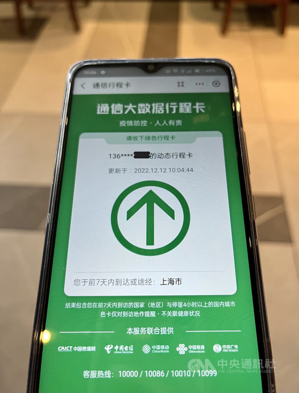 「通信行程卡」為中國為COVID-19防疫目的所開發的程式，透過手機定位蒐集個人資料，記錄使用者過去一段時間到訪之地，藉此作為可否放行使用者自由通行的憑證。「通信行程卡」將於12月13日零時起下線。中央社記者李雅雯上海攝  111年12月12日