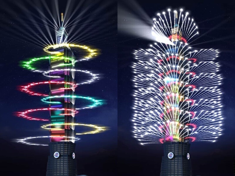 台北101宣布，跨年大秀由三金團隊操刀，使用全新T-Pad燈網，打造長達300秒、共1萬6000發煙火。圖為煙火動畫截圖。（台北101提供）