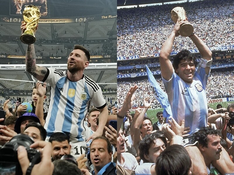 左圖為梅西率阿根廷在卡達世足奪冠後開心慶祝；右圖為馬拉度納1986年坐在隊友的肩榜上，手捧世足冠軍獎盃。（美聯社）