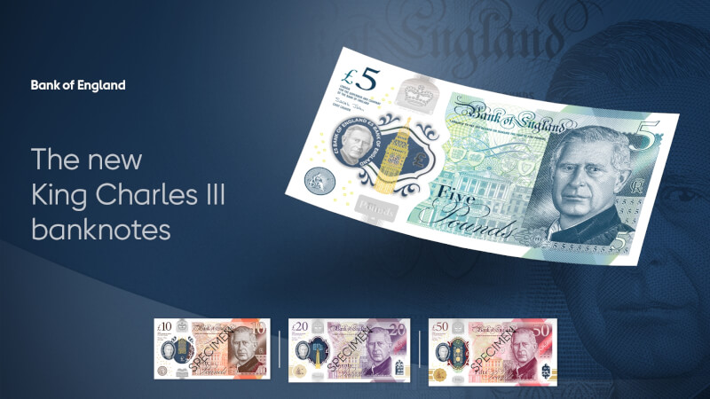 英國央行英格蘭銀行20日公布新版鈔票設計，首批印有國王查爾斯三世肖像的鈔票將於2024年年中開始流通。（圖取自英格蘭銀行網頁bankofengland.co.uk）