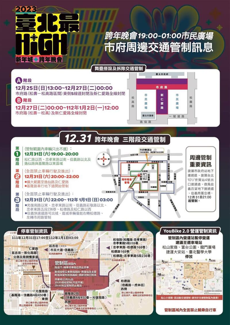 台北跨年晚會將至，台北市警察局交通警察大隊28日表示，31日當天將實施3階段交通管制，包括市府周邊松仁路、忠孝東路、信義路、基隆路都在內。（台北市警察局交通警察大隊提供）中央社記者黃麗芸傳真 111年12月28日