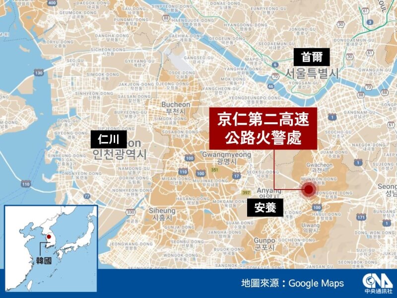 首爾郊外京仁第二高速公路的隔音隧道附近29日發生巴士和卡車相撞事故。（中央社製圖）