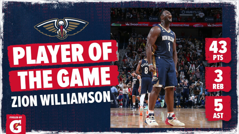美國職籃NBA紐奧良鵜鶘前鋒威廉森28日出戰明尼蘇達灰狼，砍下個人生涯新高的單場43分。（圖取自twitter.com/PelicansNBA）