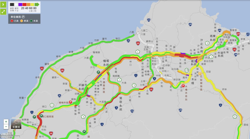 根據交通部高速公路局即時路況顯示，多處國道已經湧現車潮，時速不到40公里。（圖取自1968即時路況網頁1968.freeway.gov.tw）