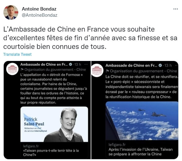 中國駐法大使館推特貼文批評日前挺台的法國媒體報導，法國智庫戰略研究基金會台灣安全暨外交計畫主任博達安反擊寫道：「中國駐法使館用大家所熟知的細膩與禮節祝各位新年快樂。」（圖取自twitter.com/AntoineBondaz）