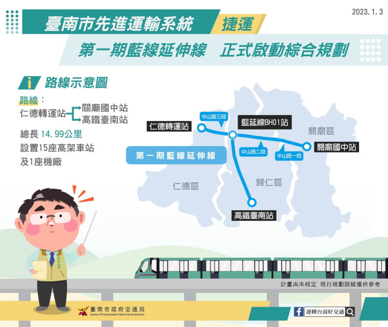 台南市政府已完成先進運輸系統（捷運）第一期藍線延伸線綜合規劃作業招標程序，將正式啟動規劃工作。（台南市交通局提供）中央社記者楊思瑞台南傳真 112年1月3日