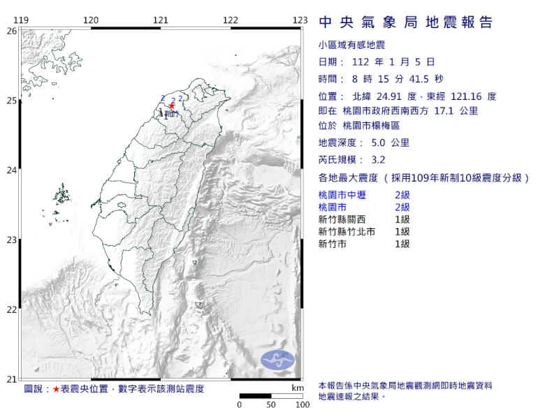 桃園楊梅5日上午發生規模3.2小區域地震。（圖取自中央氣象局網頁cwb.gov.tw）