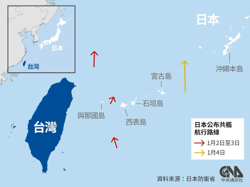 日本防衛省日前確認3艘共軍艦艇在沖繩縣與那國島及西表島間航行。（中央社製圖）