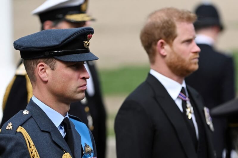 英國哈利王子（右）新書爆料，述及與哥哥威廉王子（左）爭吵時，威廉曾對他動粗。圖為2022年9月19日伊莉莎白女王的葬禮隊伍。（路透社）