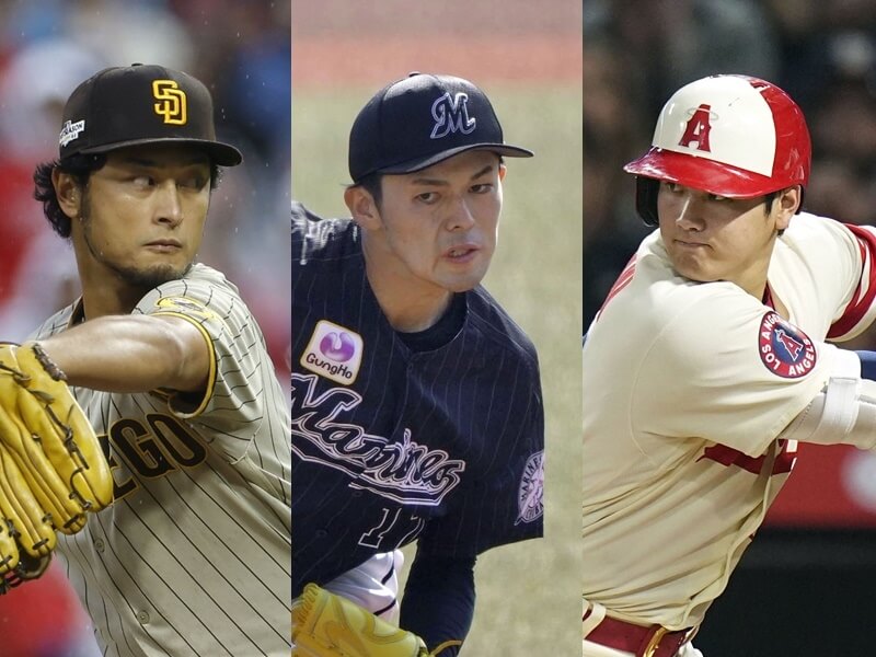 日本武士隊6日率先公布世界棒球經典賽12名球星，包括大谷翔平（右）、達比修有（左）、佐佐木朗希（中）等球星。（共同社）