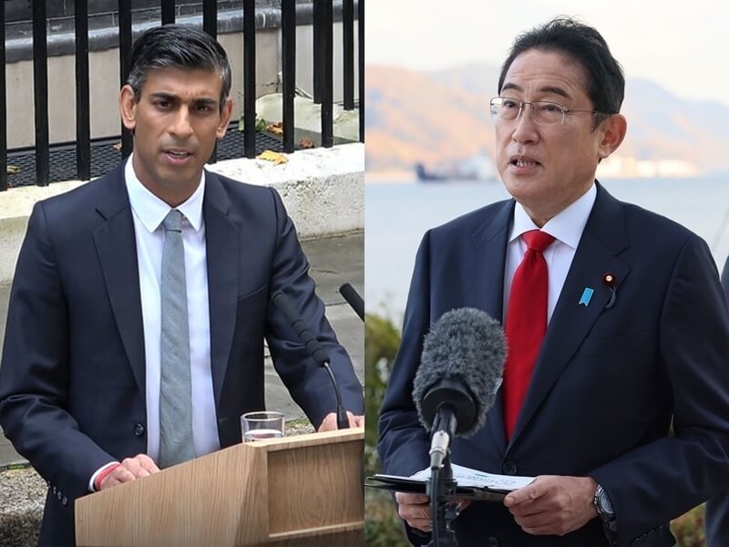 讀賣新聞6日指出，日本首相岸田文雄（右）下週將與英國首相蘇納克（左）簽署軍官「相互准入協定」。（左圖為中央社檔案照片、右圖取自twitter.com/kishida230）