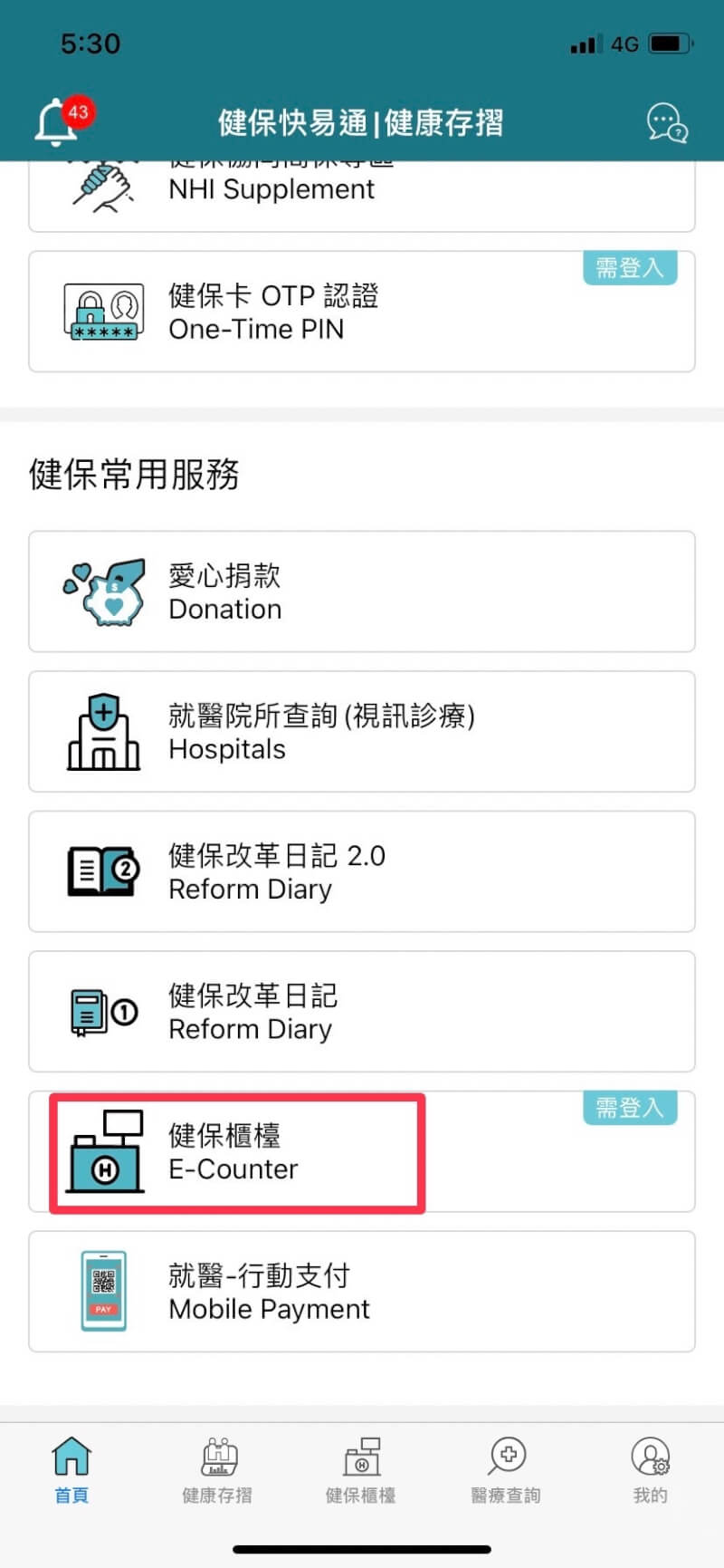 民眾想換發健保卡可透過手機申辦,進入健保行動快易通APP後,點選「健保櫃檯」。(中央社)