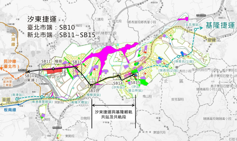 捷運汐止東湖線各場站位置及周邊都市計畫示意圖。（新北市政府提供）