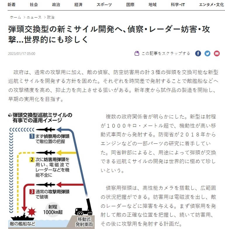 日本讀賣新聞17日報導，日本政府將研發可更換3種不同用途彈頭的新型巡弋飛彈。（圖取自讀賣新聞網頁yomiuri.co.jp）