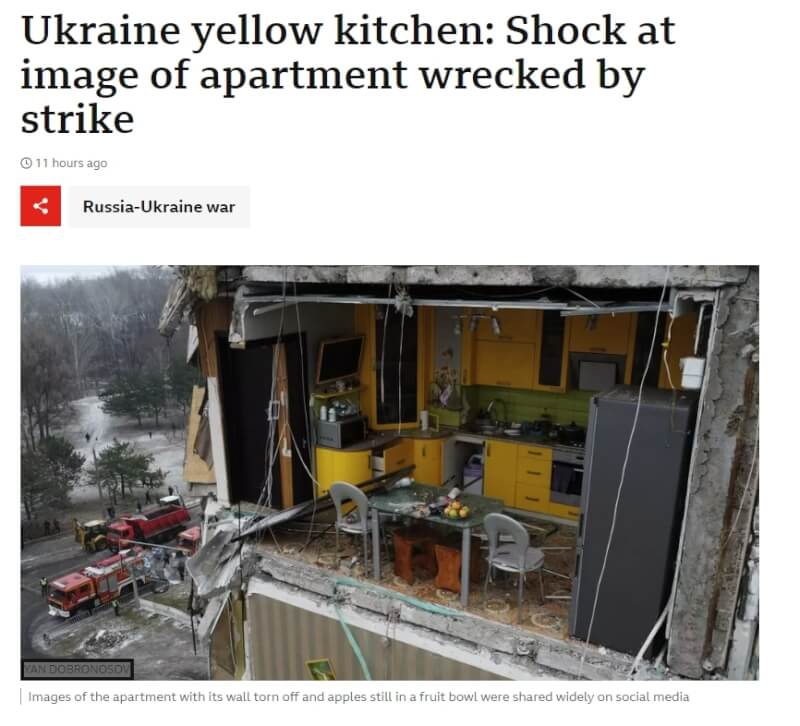 烏克蘭一間公寓被俄羅斯飛彈攻擊炸掉外牆後露出的黃色廚房照片在社群媒體上流傳。（圖取自BBC網頁bbc.com）
