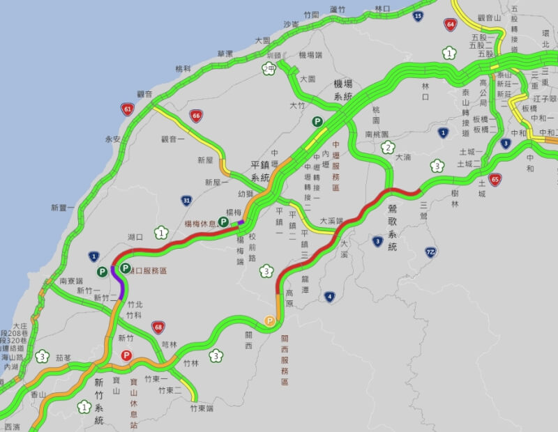 23日上午國1南向湖口服務區-竹北出現紫爆。（圖取自高速公路1968網頁1968.freeway.gov.tw）